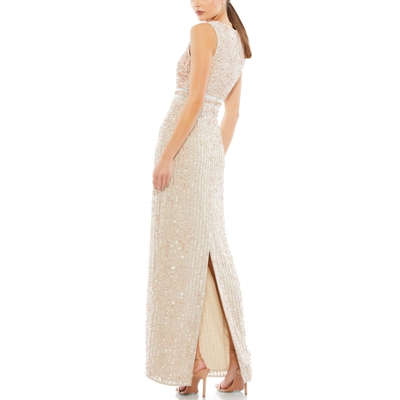 NWT Mac Duggal Sequined High Neck Sleeveless Column Gown Dress Nude Flawed 4 - Picture 2 of 12